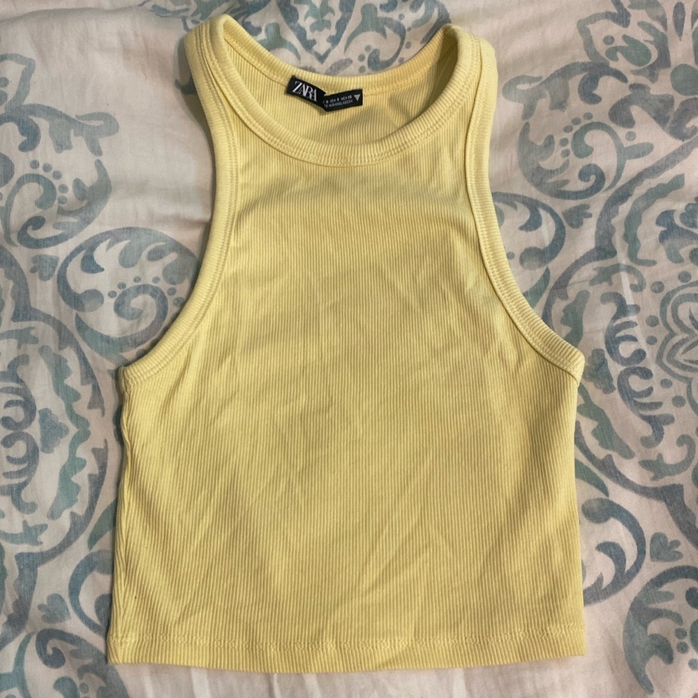 ZARA Sleeveless Knit Casual Ribbed Crop Top Crew Neck S Yellow